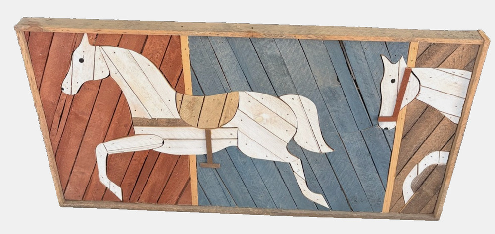 Vintage Theodore Degroot WOOD LATH Horses ART 30" x 16" Austin Productions